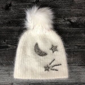 Jocelyn Beanie Be Out Of This World Faux Fur Pom Pom Moon and Stars